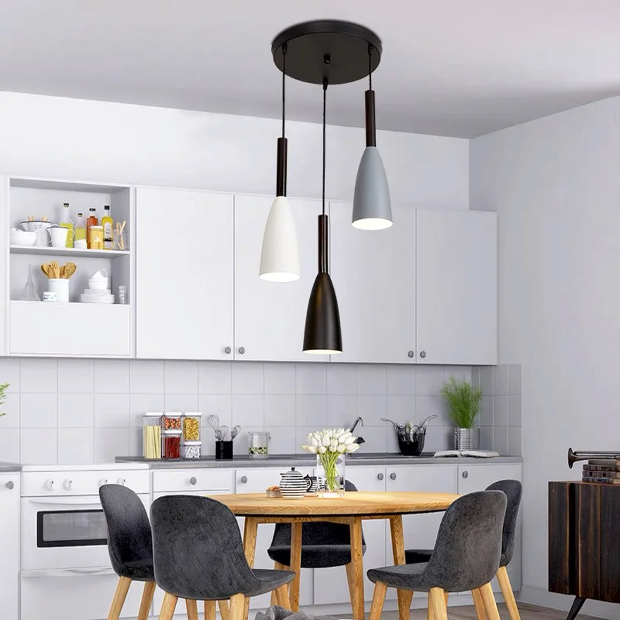 Nordic Metal And Wood Conical Kitchen Pendant Light, Black/White/Gray/Mix