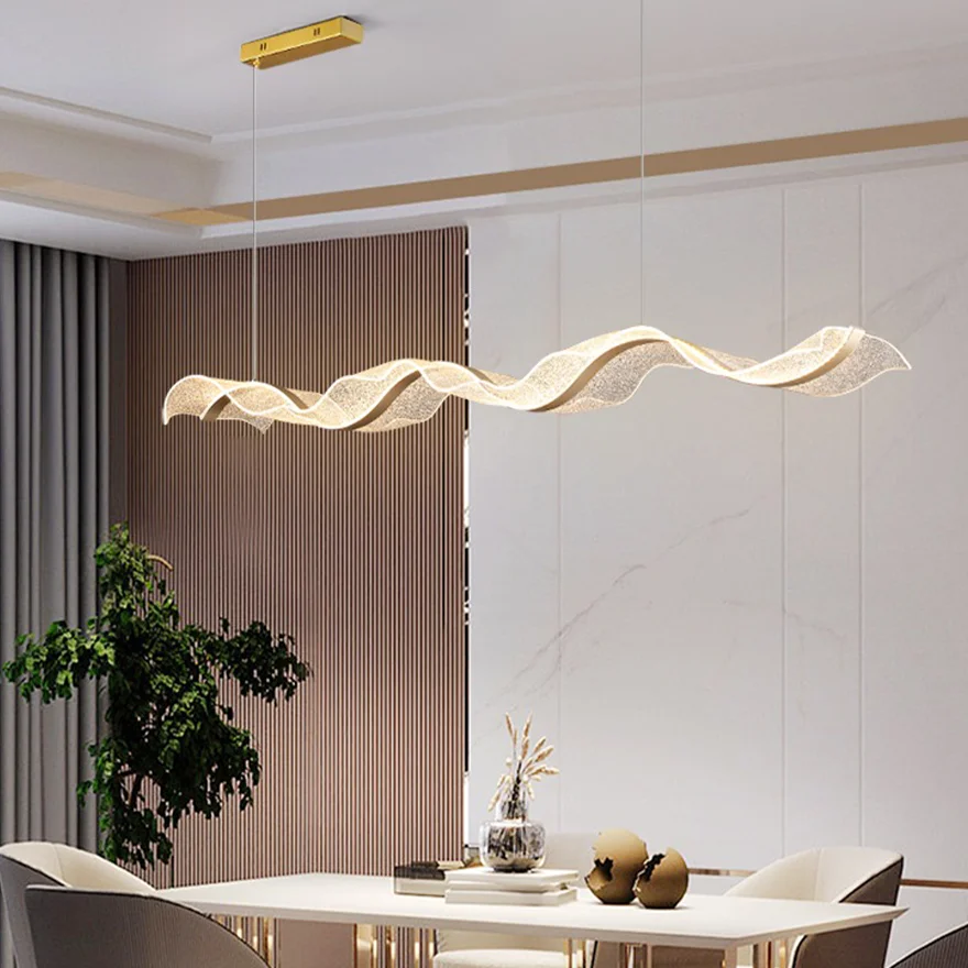 Art Deco Metal And Acrylic Wave Dining Room Pendant Light, White