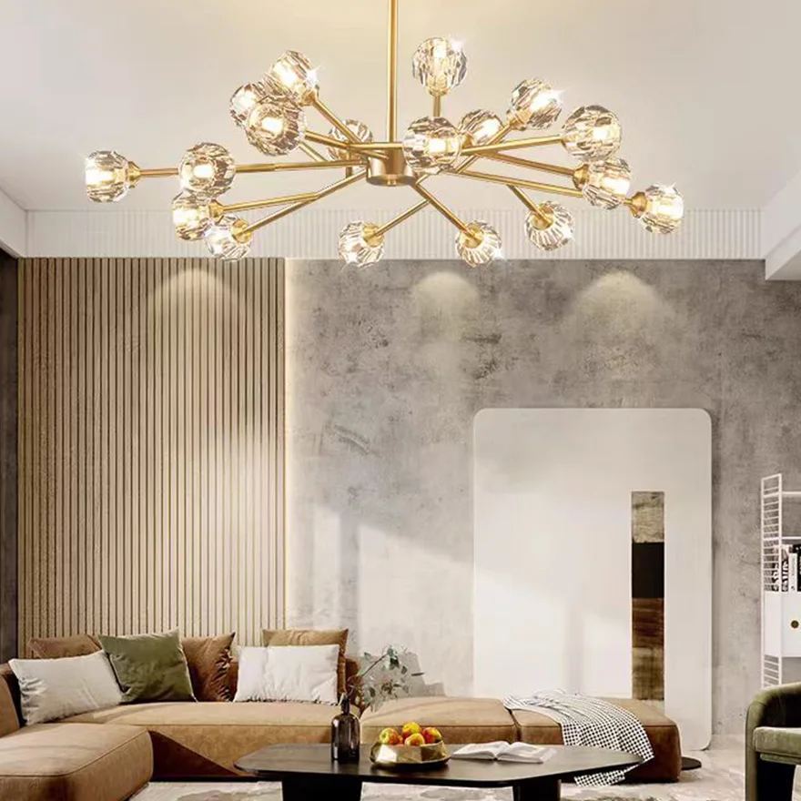 Modern Metal And Crystal Uneven Bedroom Chandeliers Pendant Light, Gold, Trichromatic Light