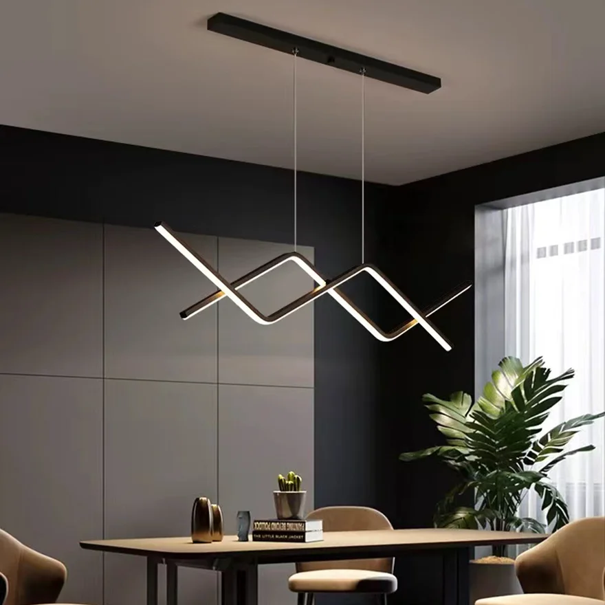 Minimalist Metal Double Curve Dining Room Pendant Light, Black/Gold, Trichromatic Light