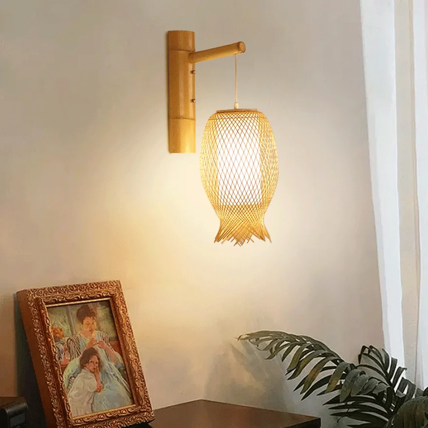 Boho Rattan And Acrylic Lantern Dining Room Wall Lamp, Natural Wood