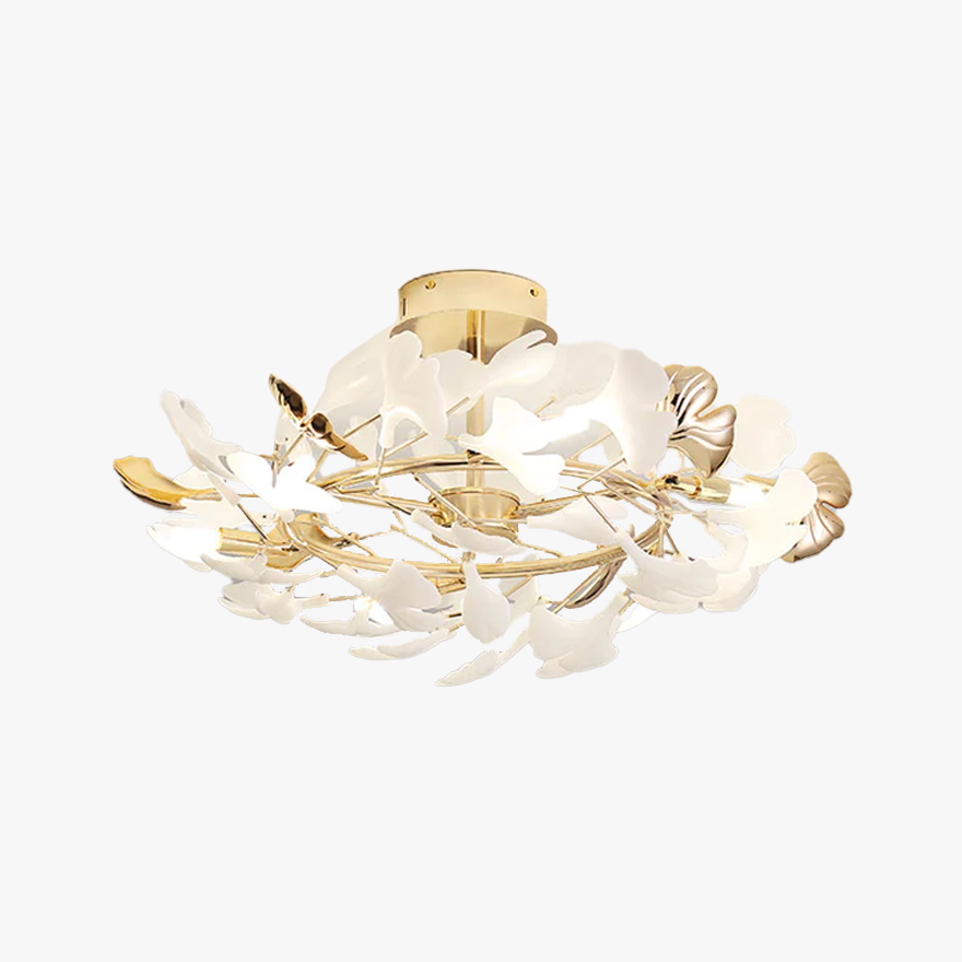 Designer Ceramic And Metal Petal Shaped Dining Room Ceiling Light, Gold-White