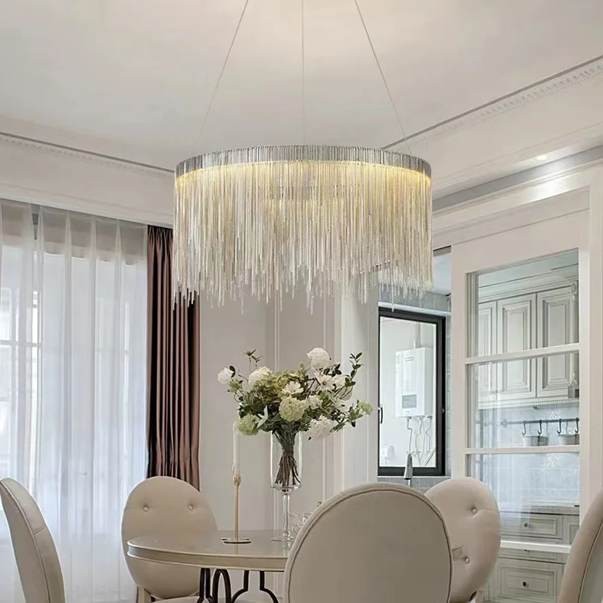 Royal Metal Tassel Living Room Chandelier Pendant Light, Gold, Trichromatic Light