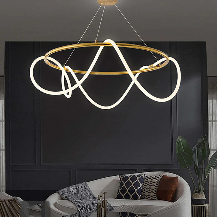 Designer Metal Linear And Wave Living Room Pendant Light, Black/Gold