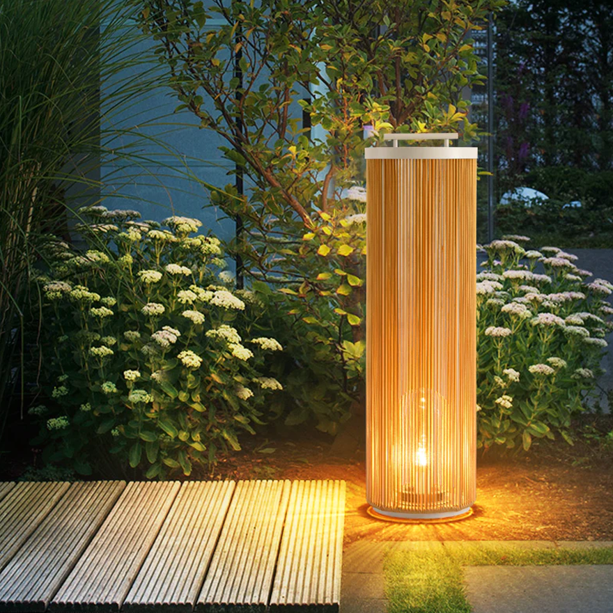 Rustic Metal And Rattan Cylindrical Outdoor Floor Lamp, Log Color