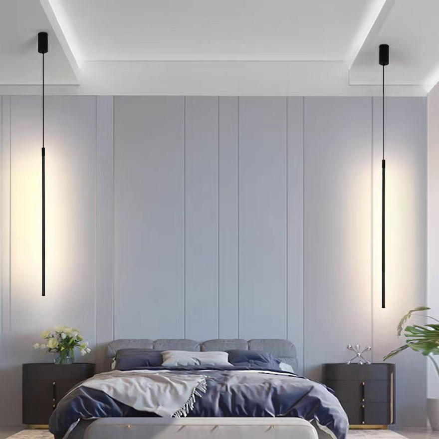 Modern Metal Linear Bedroom Pendant Light, Black, Trichromatic Light