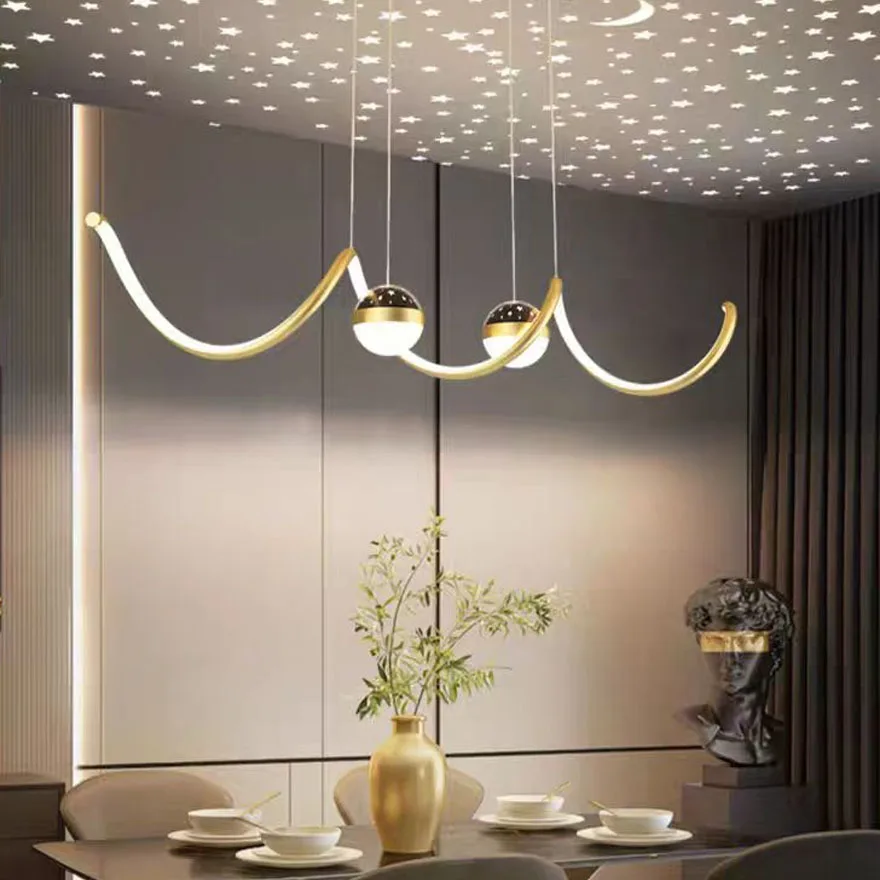 Nordic Metal Wave Living Room Chandelier Pendant Light, Black/Gold/White, Trichromatic Light