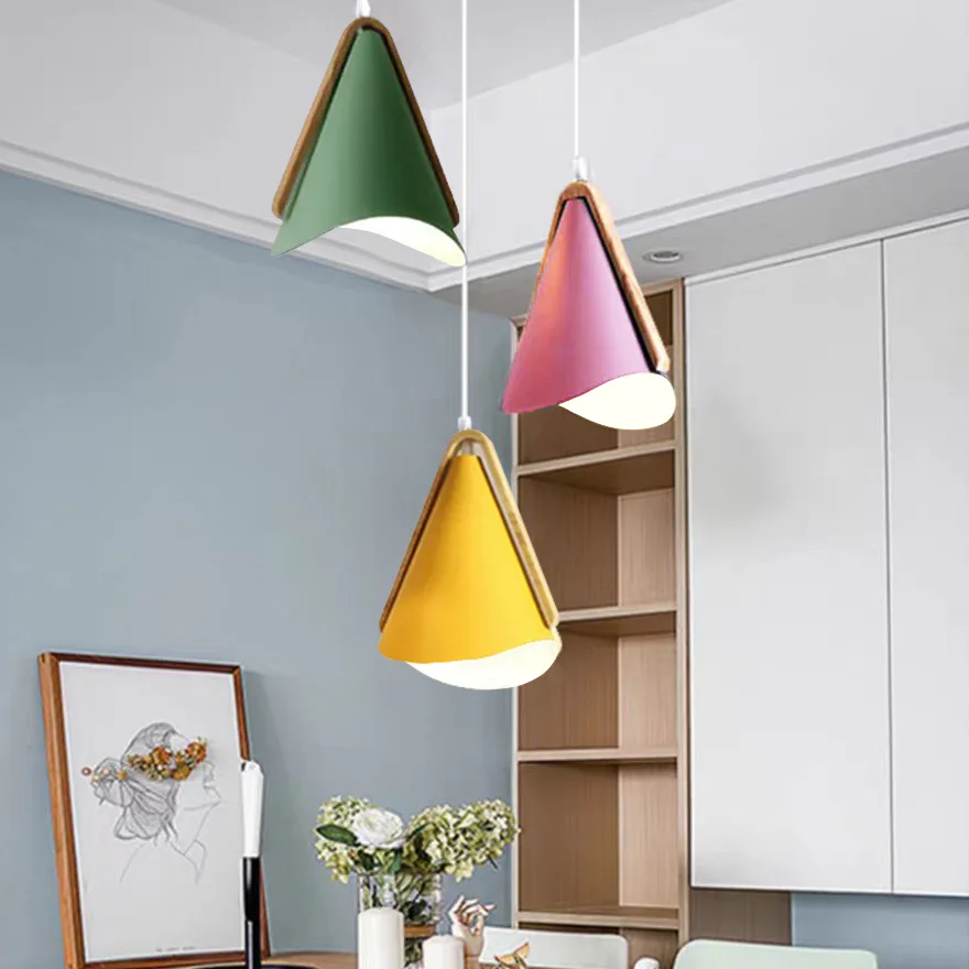 Morandi Metal And Wooden Conical Dining Room Pendant Light, Black/Green/Pink/White/Yellow