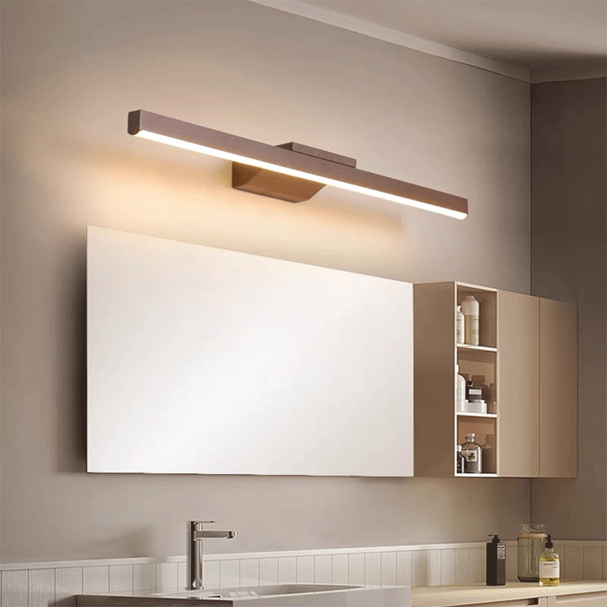 Minimalist Metal Strip Bathroom Mirror Front Wall Lamp, Brown, Trichromatic Light