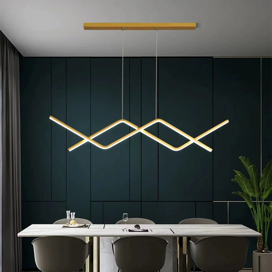 Minimalist Metal Double Curve Dining Room Pendant Light, Black/Gold, Trichromatic Light