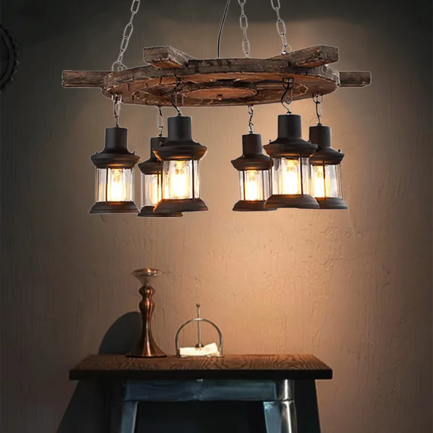 Rustic Metal And Wooden Rudder Dining Room Pendant Light, Natural Wood