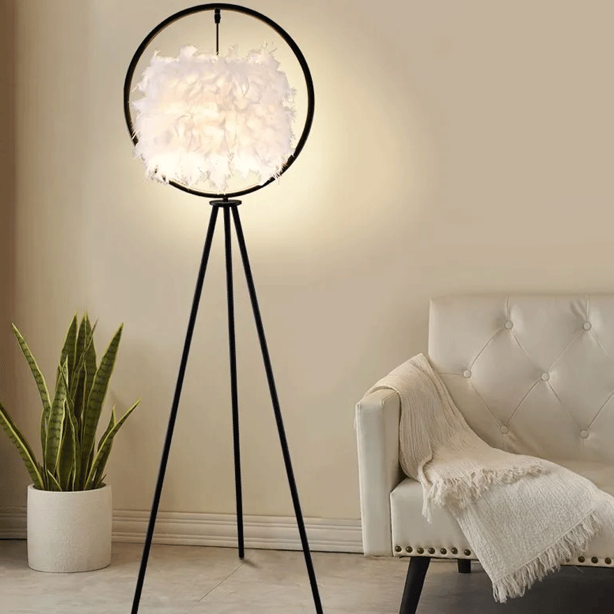 Designer Metal And Fabric Feather Ring Tripod Bedside Floor Lamp, Black/Gold