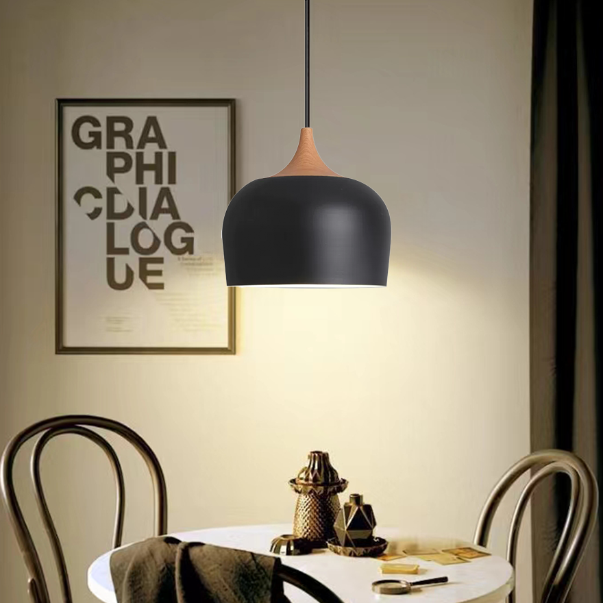 Modern Metal And Wood Bowled Kitchen Island Pendant Light, Black/White