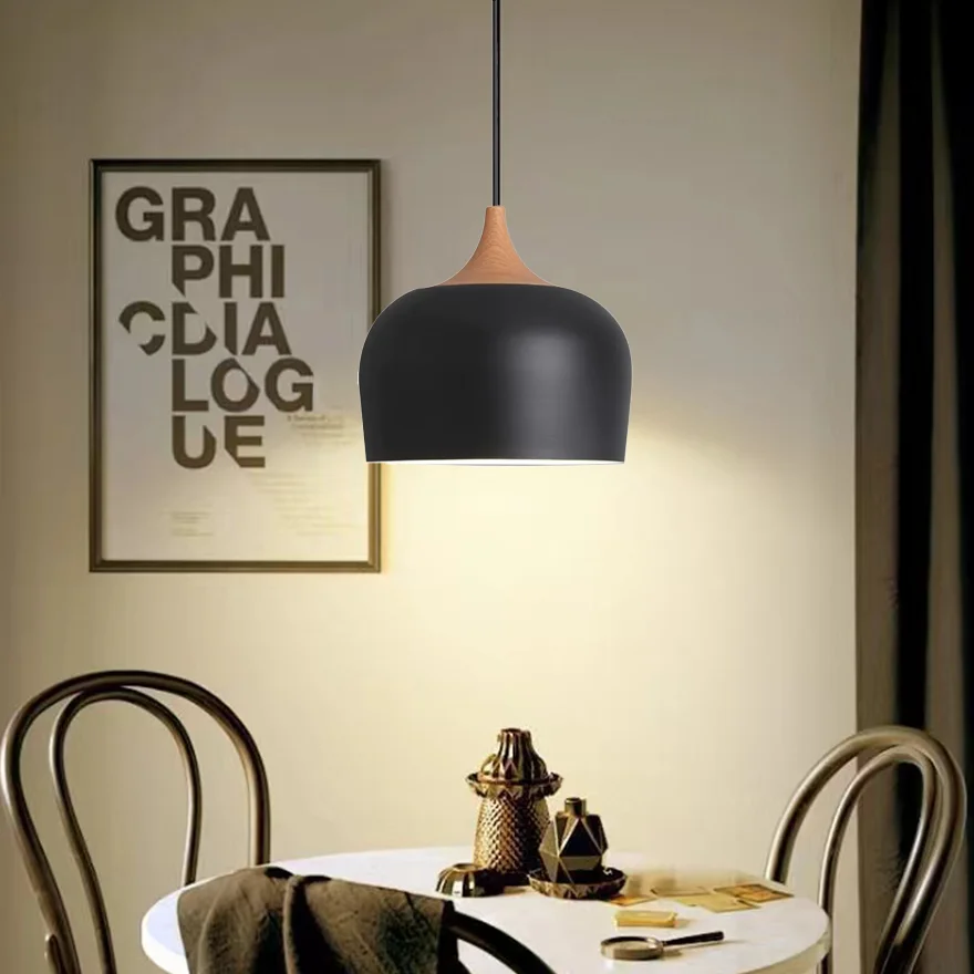 Modern Metal And Wood Bowled Kitchen Island Pendant Light, Black/White