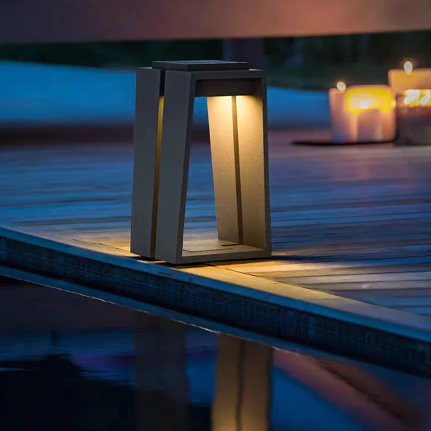 Designer Metal And Acrylic Square Garden Outdoor Pillar Light, Natural Wood