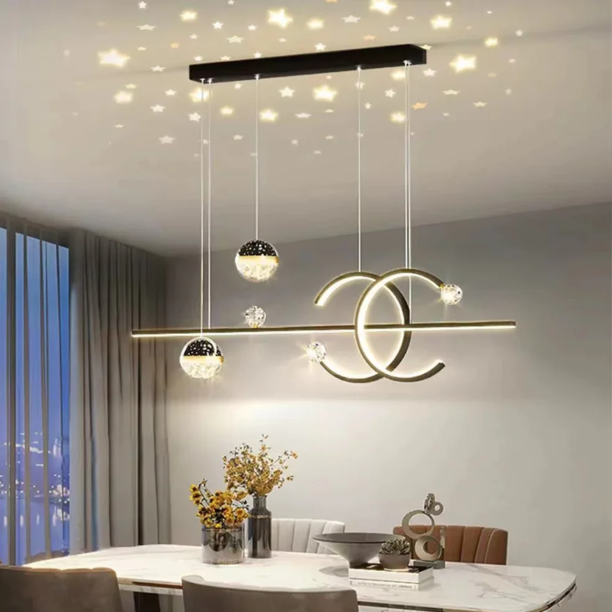 Modern Metal Linear Living Room Pendant Light, Black/Gold, Trichromatic Light