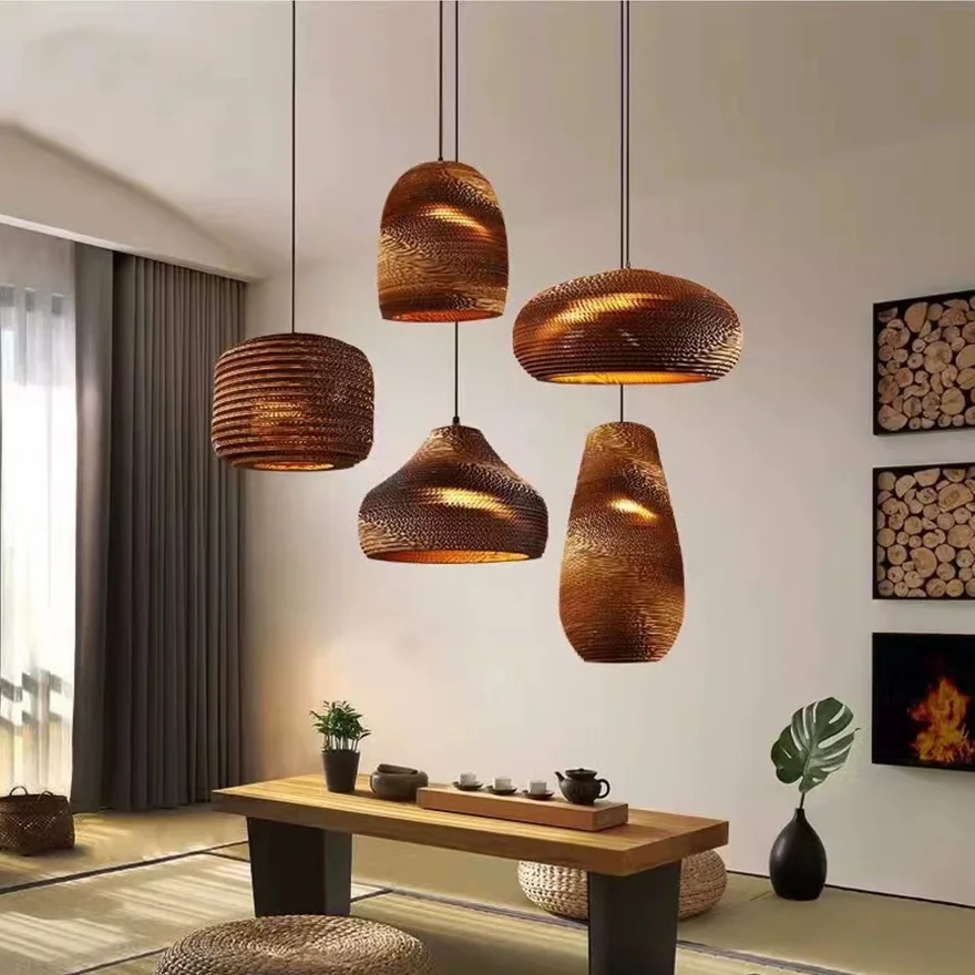 Boho Paper Geometric Dining Room Pendant Light, Log Color