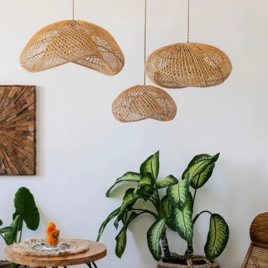 Boho Metal And Rattan Uneven Dining Room Pendant Light, Burlywood