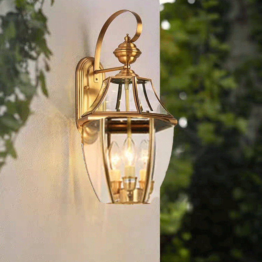 Designer  Metal And Glass Lantern Outdoor Wall Lamp, Gold