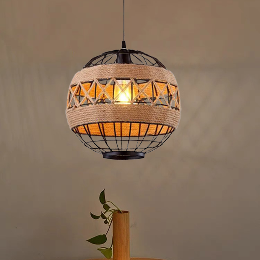 Modern Metal And Rope Lantern Dining Room Pendant Light, Black