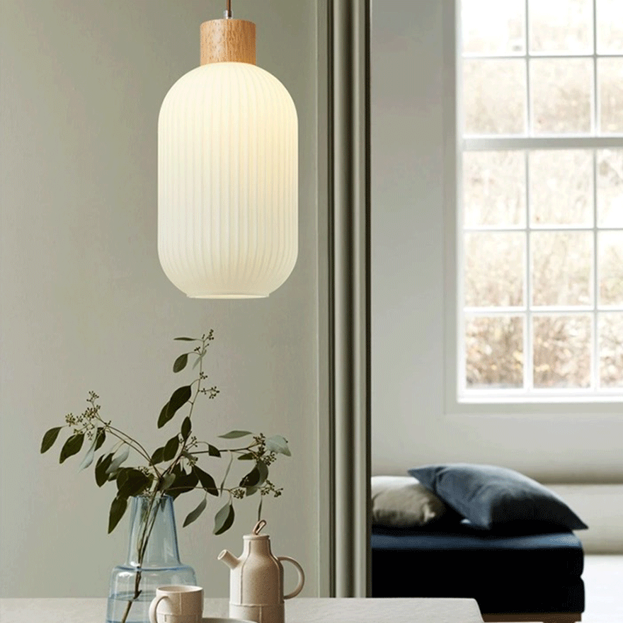 Minimalist Wooden And Glass Lantern Bedroom Pendant Light, White