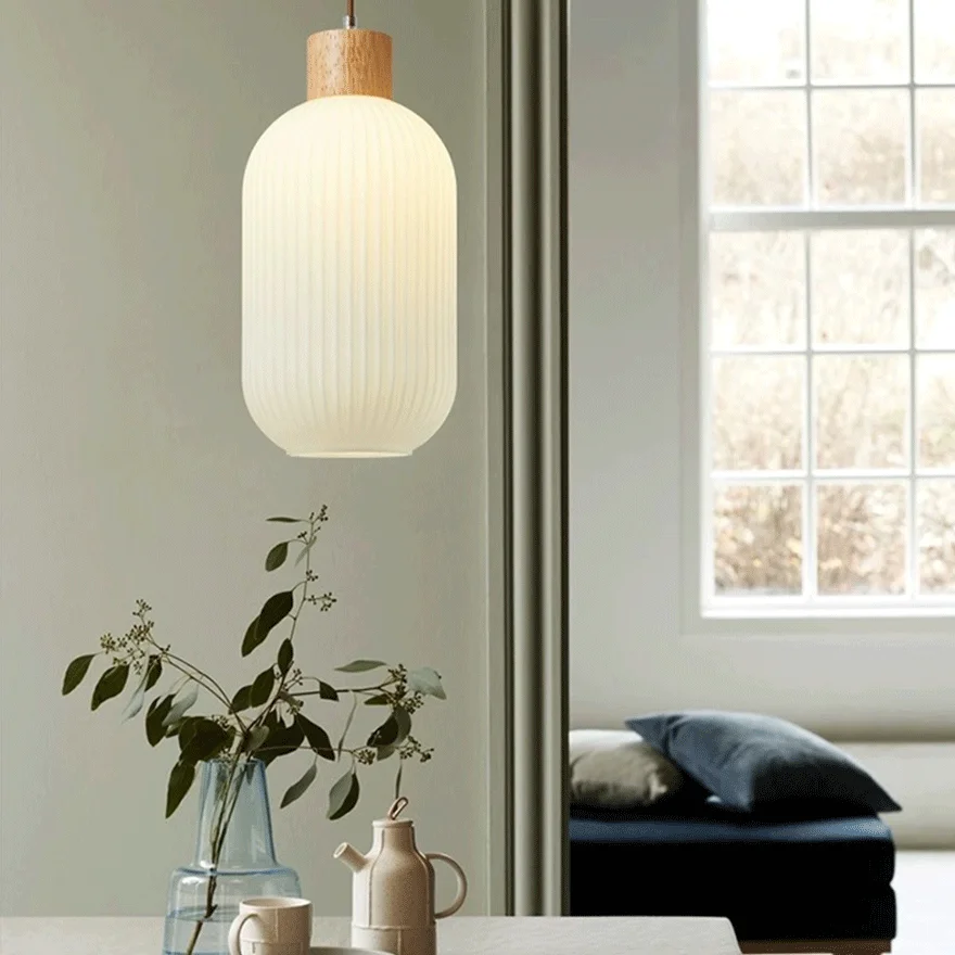 Minimalist Wooden And Glass Lantern Bedroom Pendant Light, White