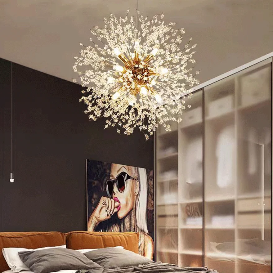 Modern Metal And Crystal Dandelion Bedroom Chandelier Pendant Light, Chrome/Gold