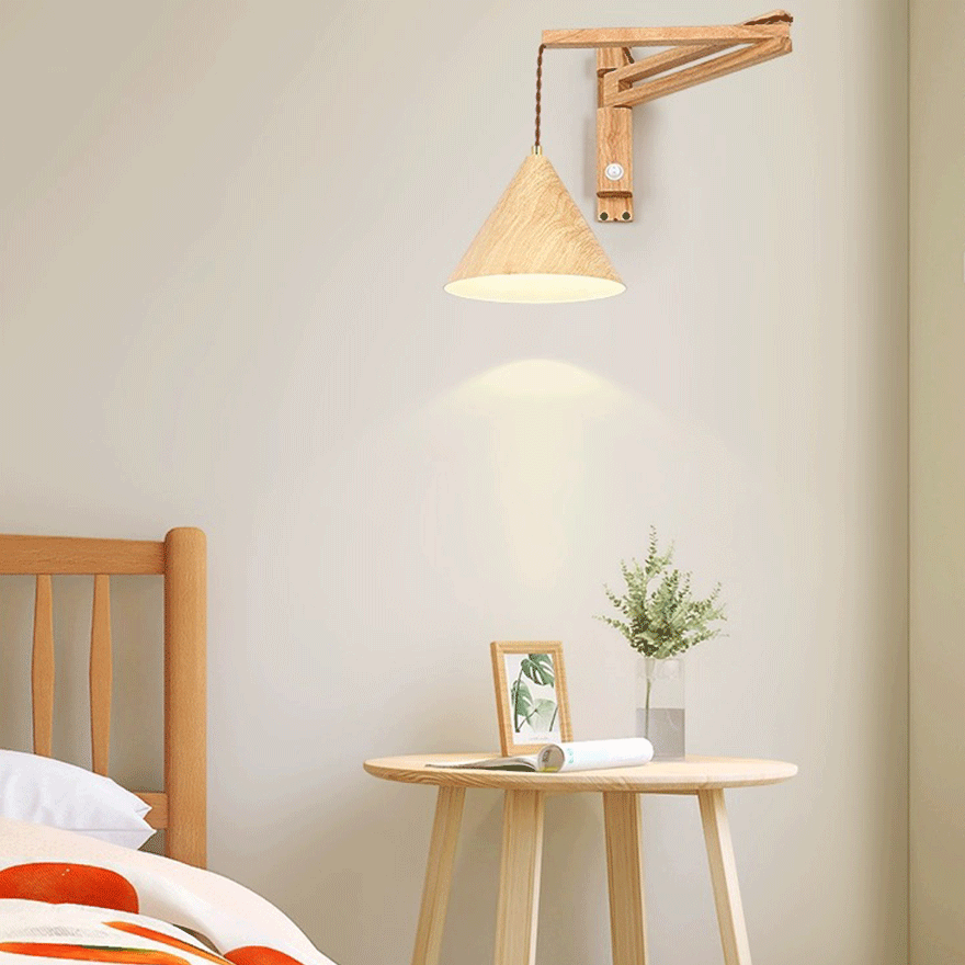 Boho Wooden Conical Bedside Wall Lamp, Walnut/Log Color