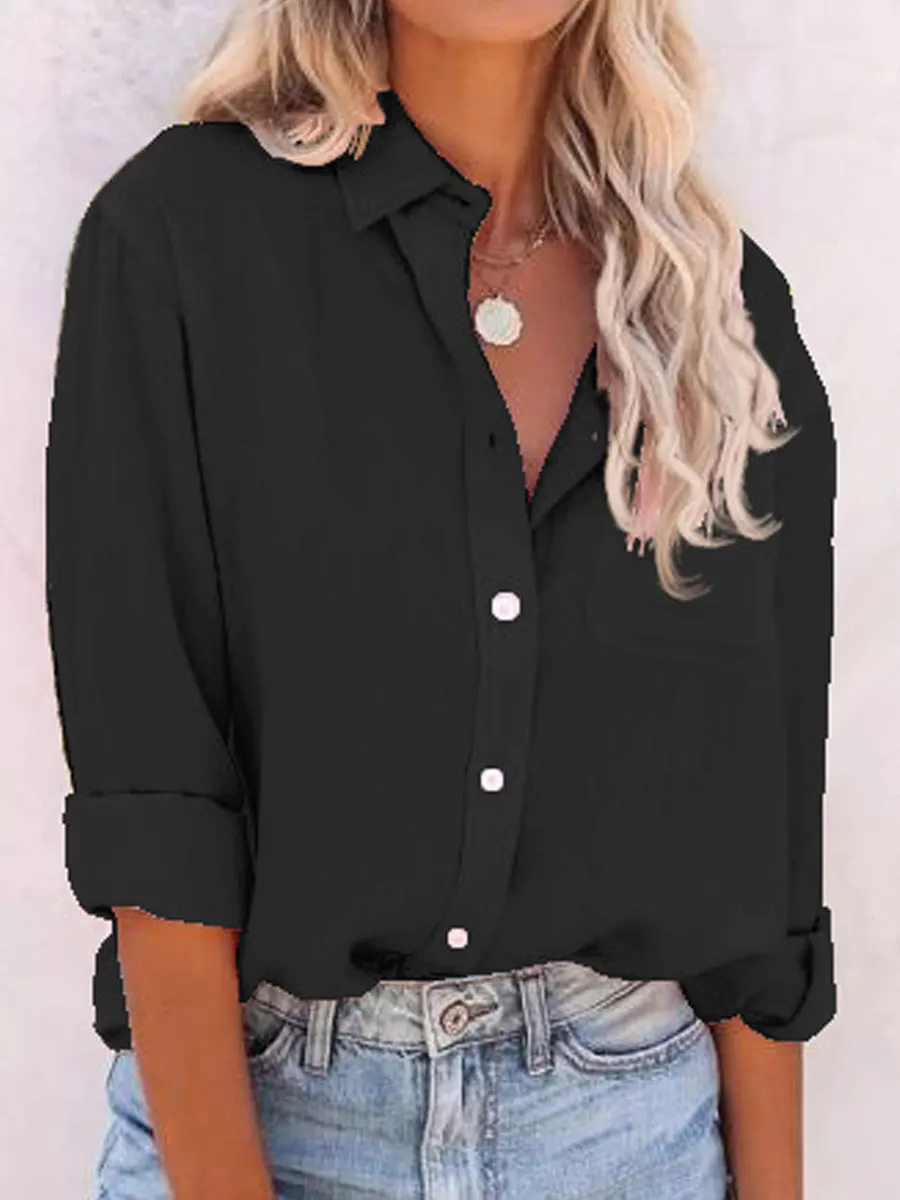 Round Neck Casual Loose Solid Color Long Sleeve Blouse