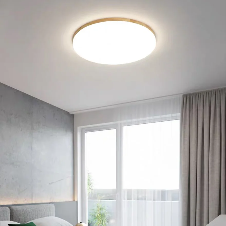 Modern Wooden And Acrylic Round Bedroom Ceiling Light, Natural Wood, Trichromatic Light