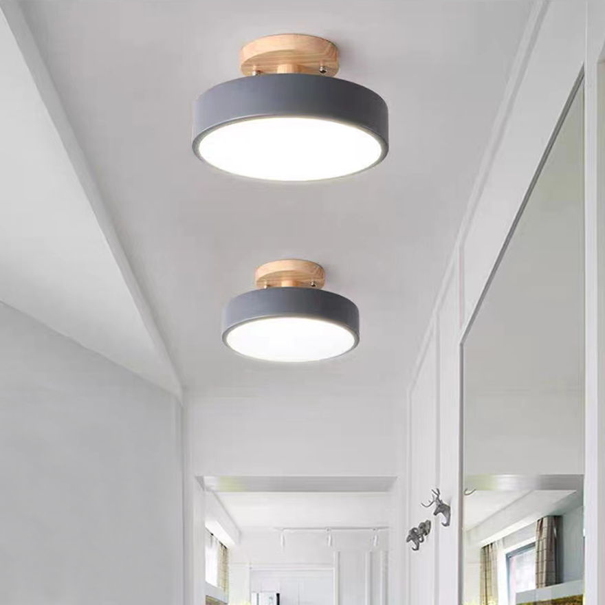 Modern Wooden And Acrylic Round Dining Room Ceiling Light, Gray/Green/Pink/White/Wood, Trichromatic Light