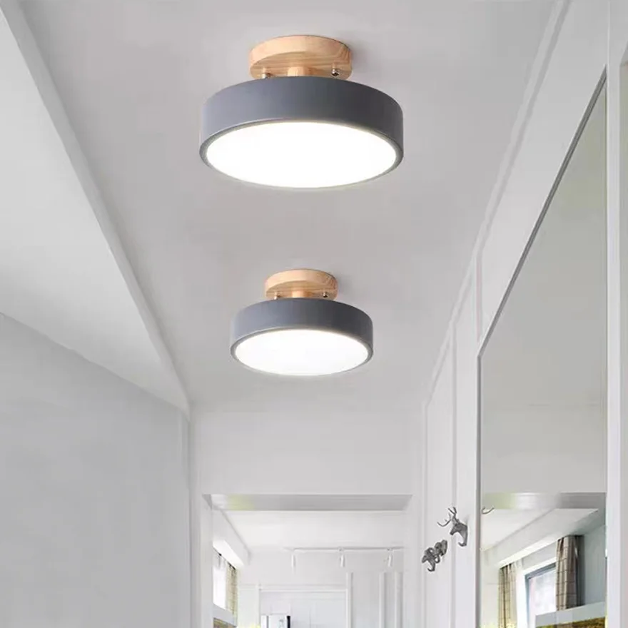 Modern Wooden And Acrylic Round Dining Room Ceiling Light, Gray/Green/Pink/White/Wood, Trichromatic Light