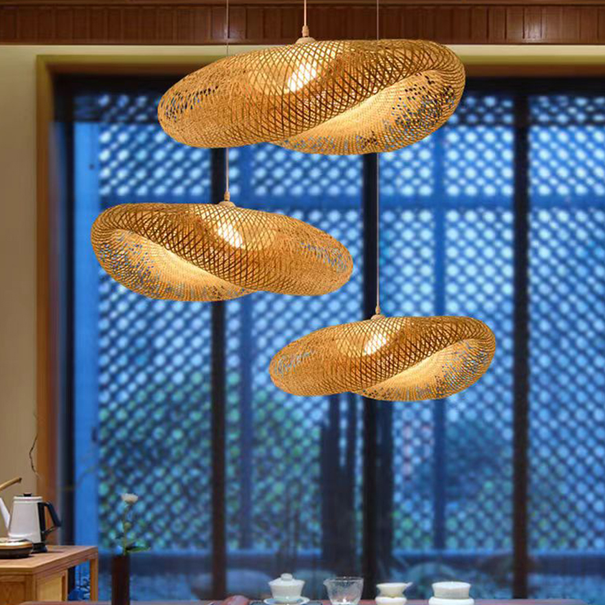 Natural Bamboo Dome Living Room Pendant Light, Yellow