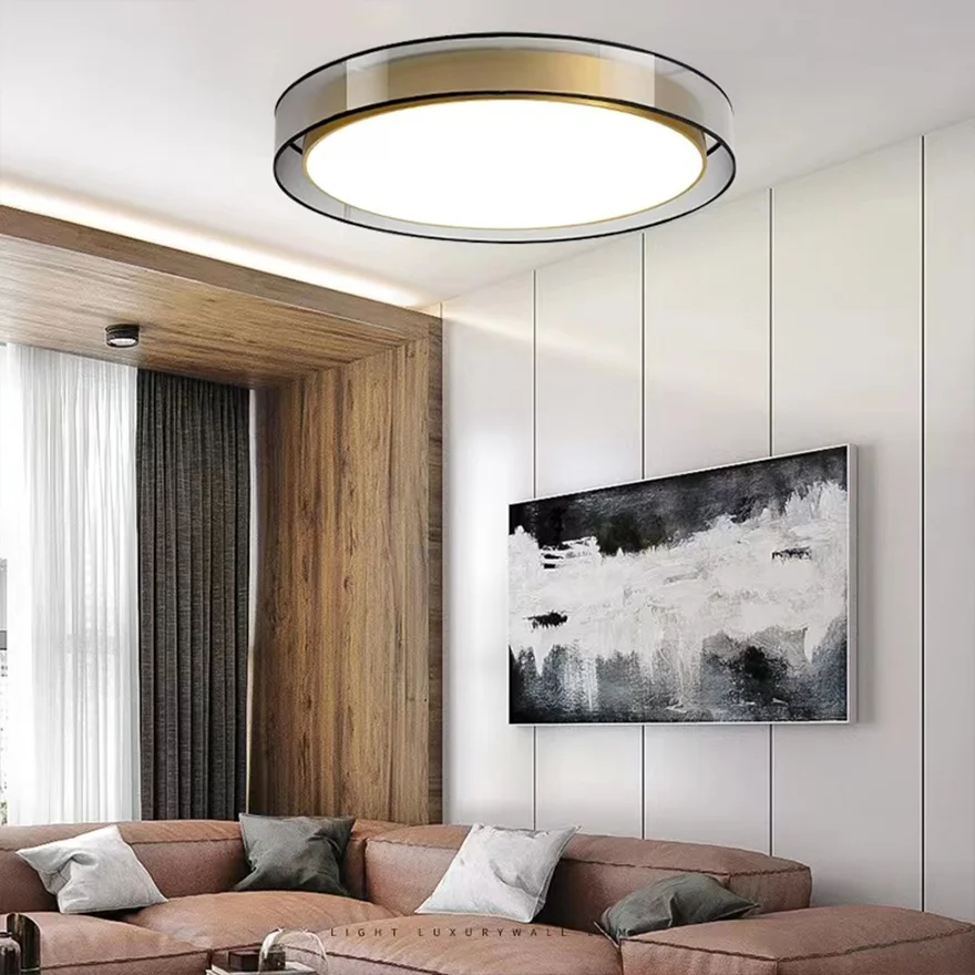 Minimalist Metal And Acrylic Round Bedroom Ceiling Light, Gold, Trichromatic Light