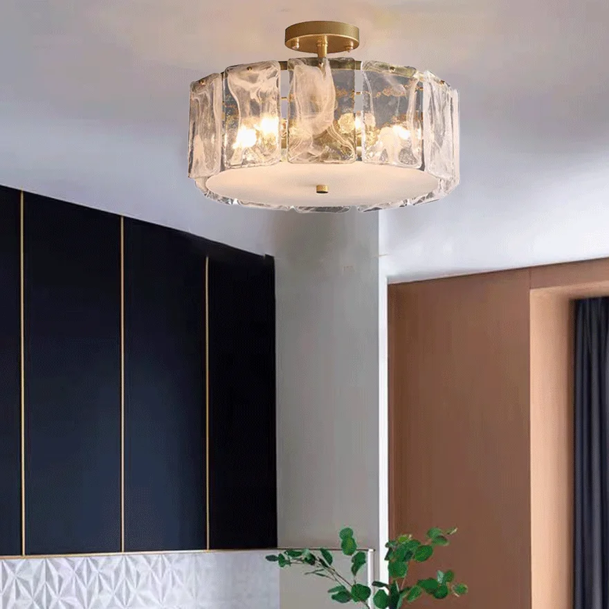 Modern Metal And Glass Round Bedroom Ceiling Light, Gold