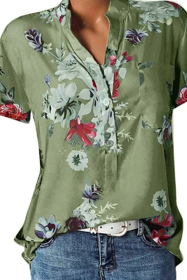 V Neck Loose Fitting Floral Printed Blouses