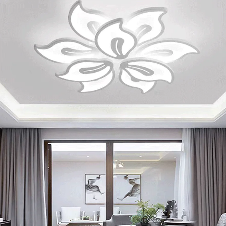 Art Deco Metal And Acrylic Floral Dining Room Ceiling Light, Black/White, Trichromatic Light