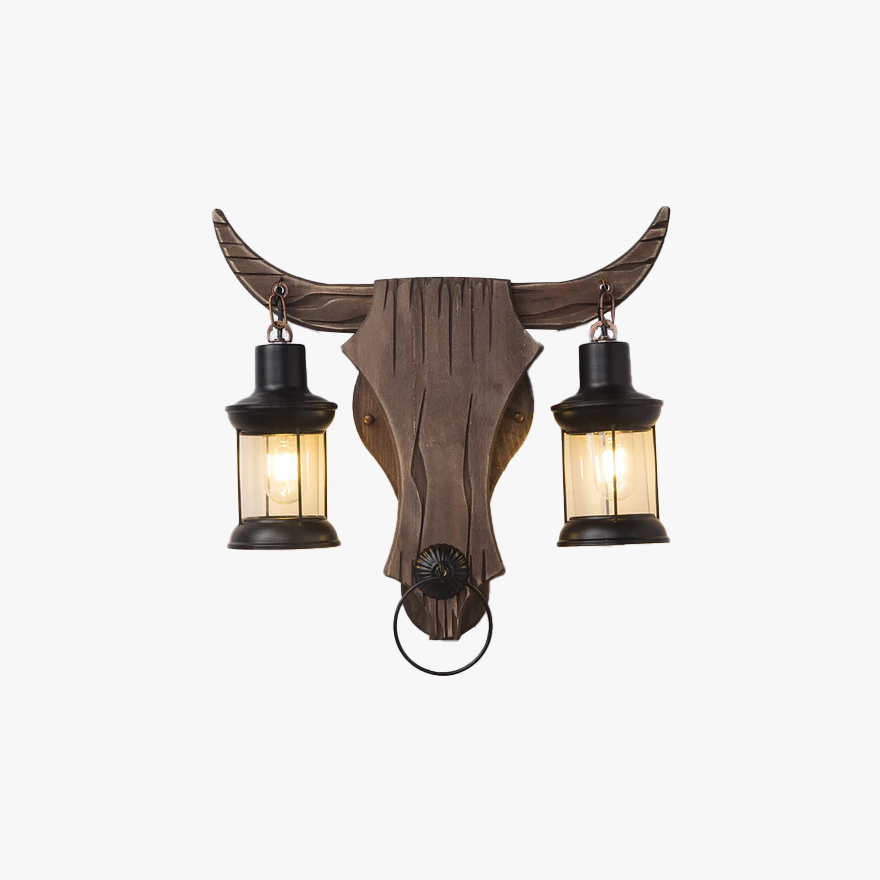 Decorative Metal And Wooden Bull Lantern Dining Room Wall Lamp, Pine Wood