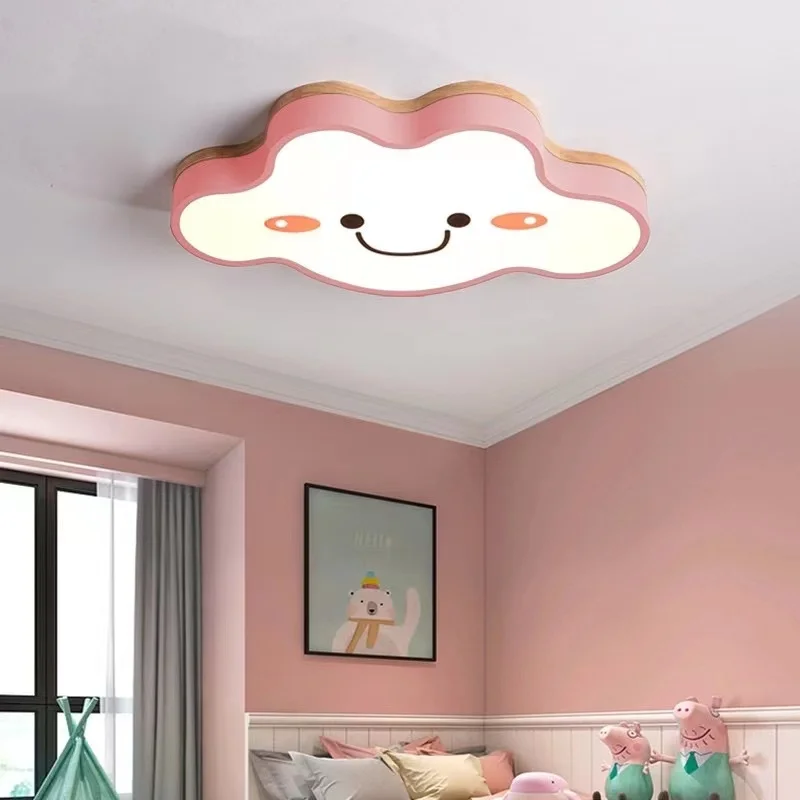 Decorative Wooden And Acrylic Cloud Children's Room Ceiling Light, Green/Pink/White, Trichromatic Light