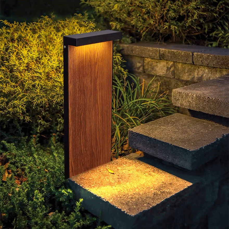 Minimalist Metal Rectangular Terrace Outdoor Lamp, Natural Wood