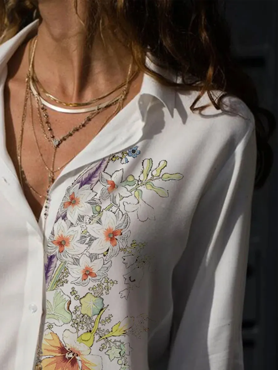 Floral Print Lapel Long Sleeve Casual Blouse