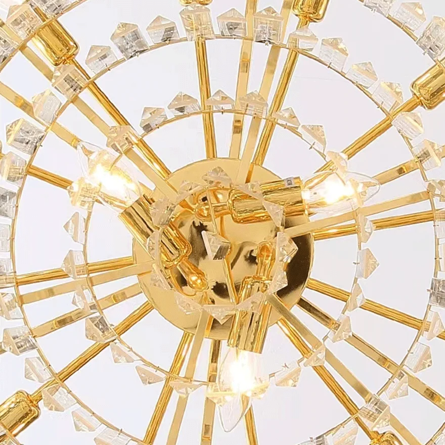 Baroque Metal And Crystal Geometric Dining Room Chandelier Pendant Light, Gold, Trichromatic Light