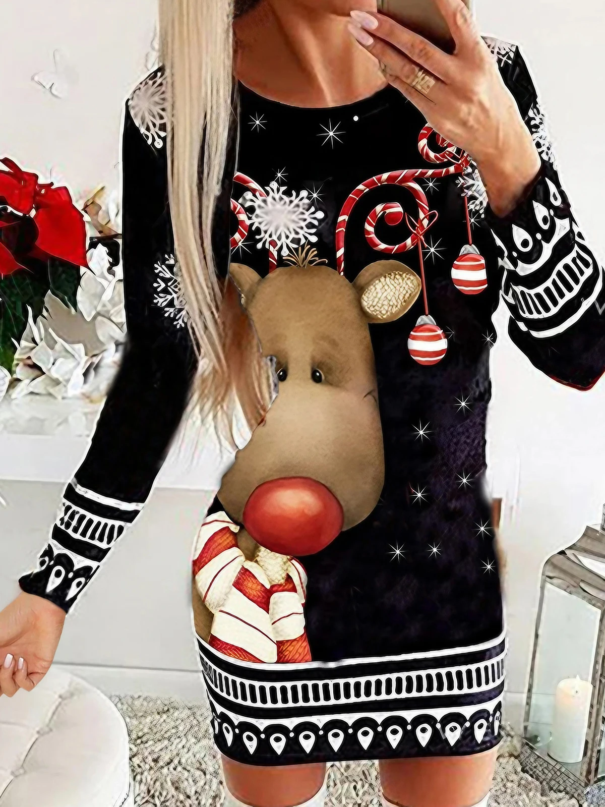 Women's Christmas Elk Print Round Neck Long Sleeve Dress