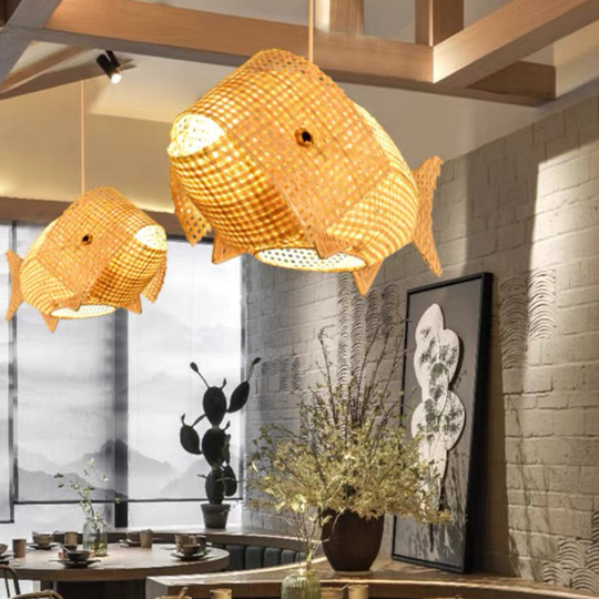 Boho Bamboo Fish Dining Room Pendant Light, Log Color