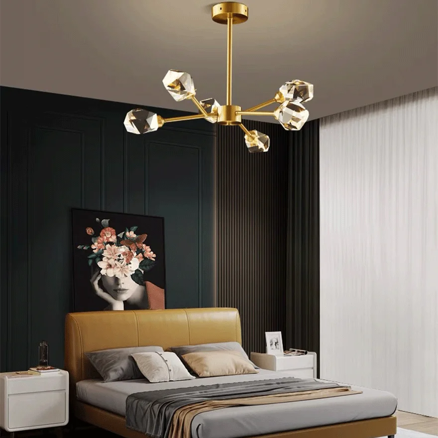 Modern Metal And Crystal Uneven Bedroom Chandeliers Pendant Light, Gold, Trichromatic Light