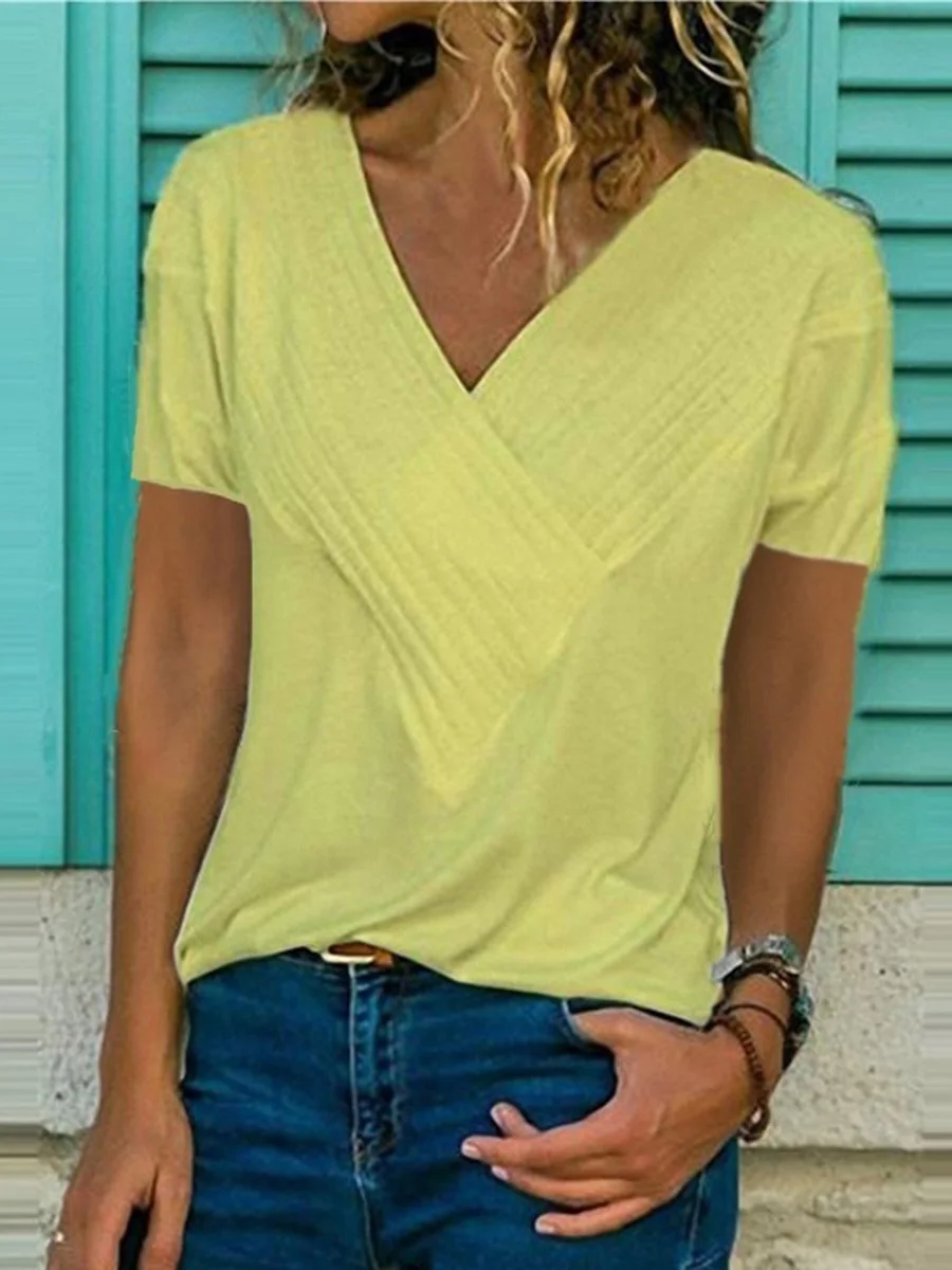 Casual V-neck Solid Color Short Sleeve T-Shirt