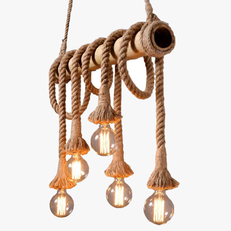 Rustic Hemp Rope And Metal  Strip Dining Room Pendant Light, Log Color