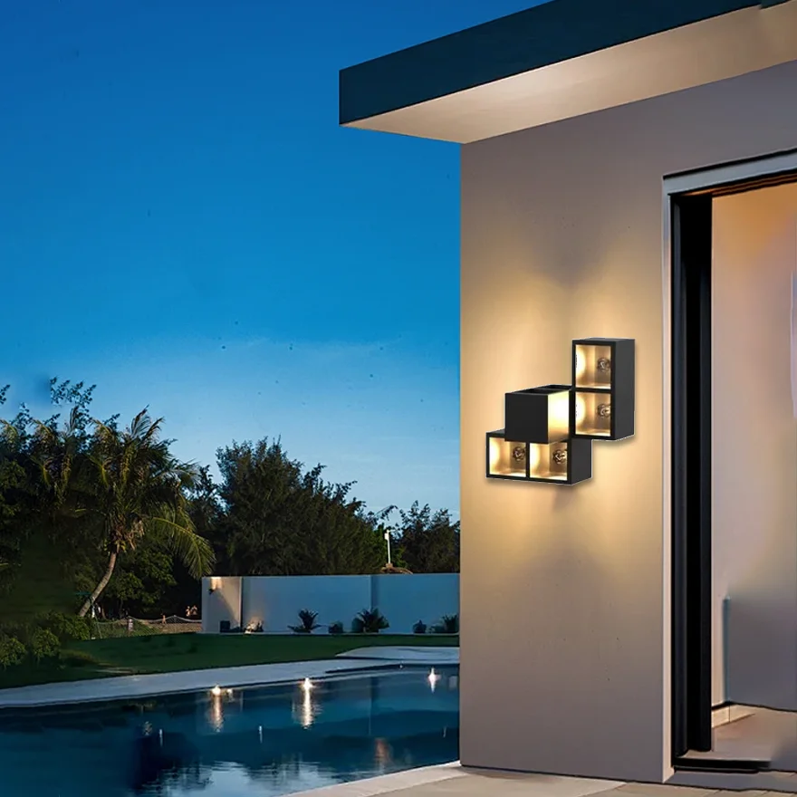 Modern  Metal And Glass Cube Outdoor Wall Lamp, Black