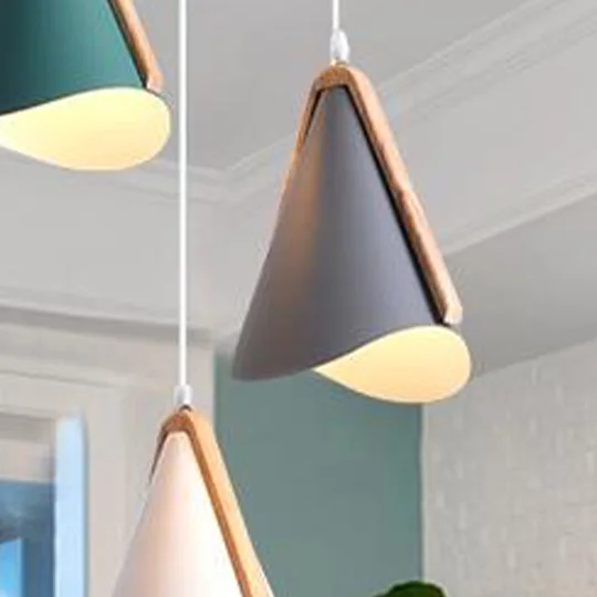 Morandi Metal And Wooden Conical Dining Room Pendant Light, Black/Green/Pink/White/Yellow