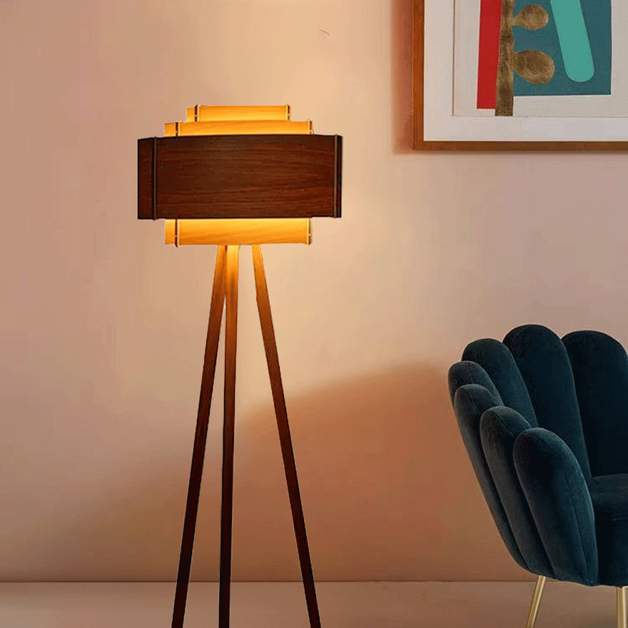 Modern Solid Wood Tripod  Living Room Floor Lamp, Brown